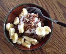 Chocolate-turmeric tea cake with goat yogurt, bananas, and pecans - a healthy, lightly sweet dessert!  Or breakfast!